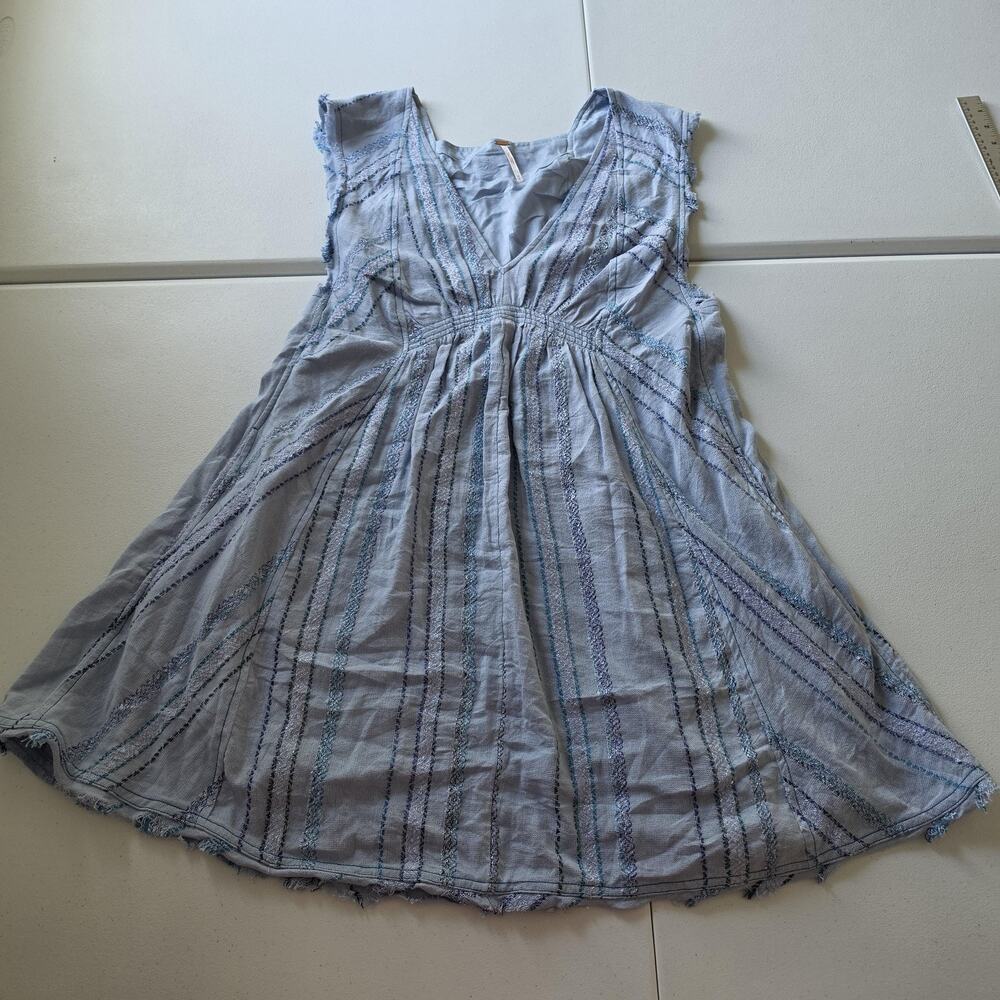 Free People Dress Womens M Blue Striped Cotton V Neck A Line Pockets Boho Whimsy